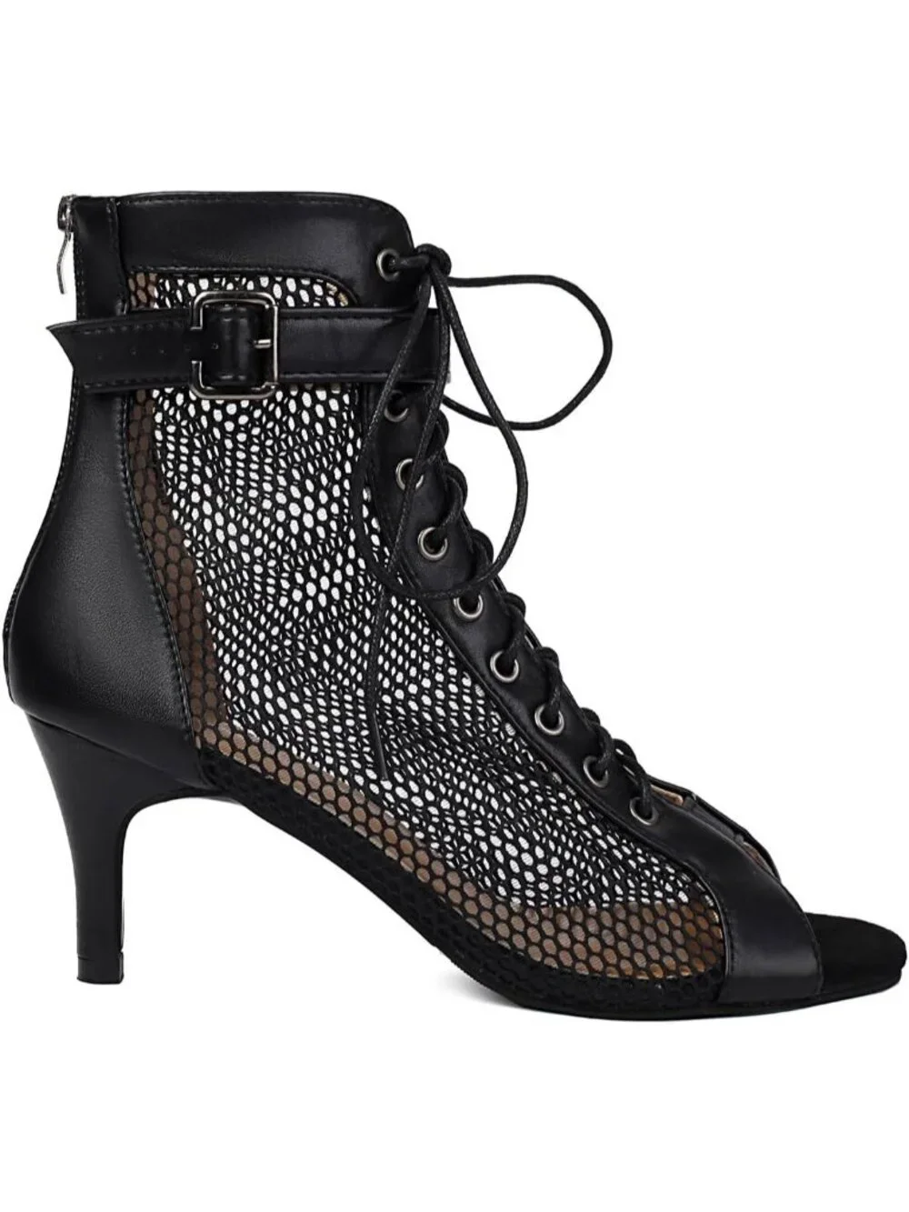 Womens Black Buckle Lace Up Mesh Sandals Peep Toe High Heel Ankle Boots